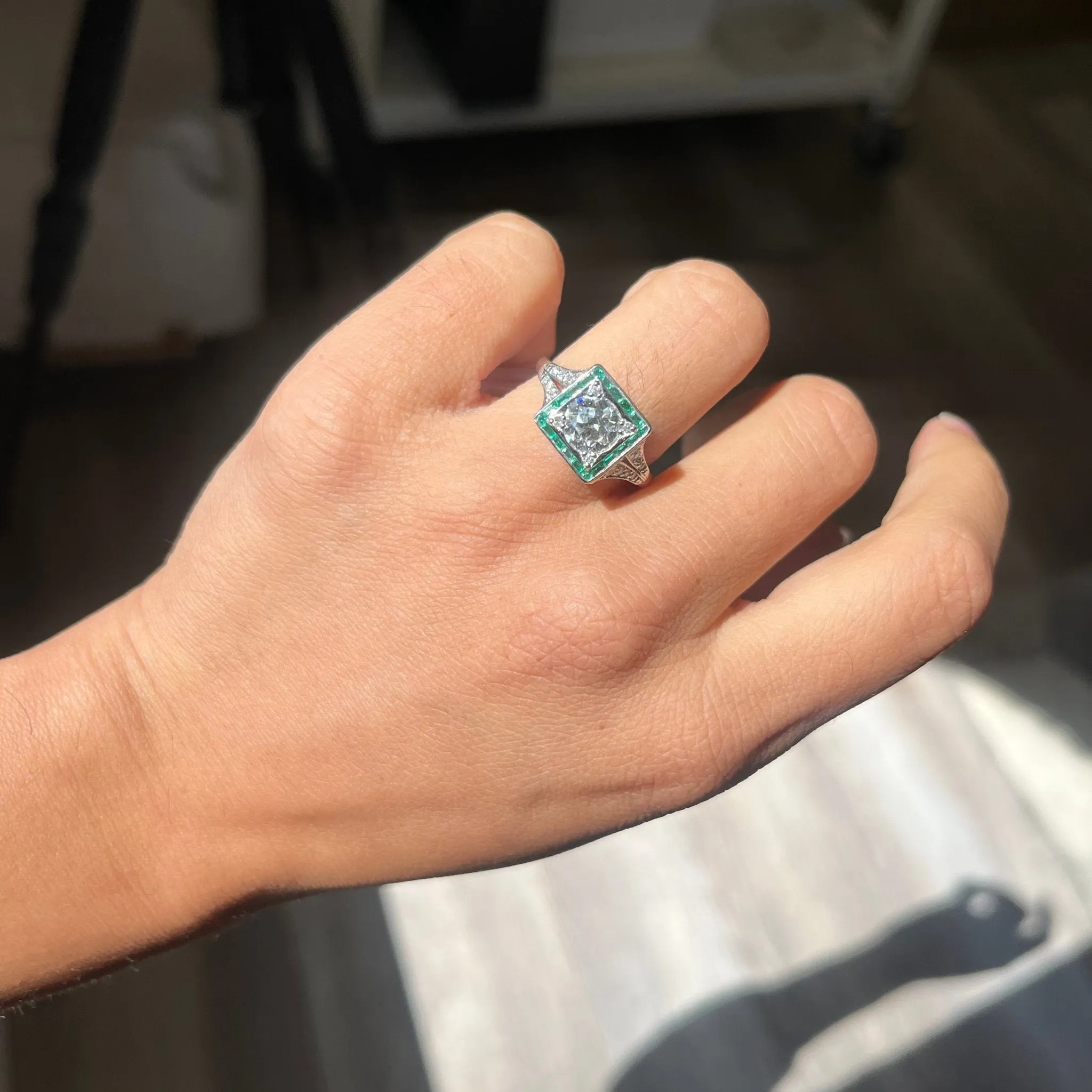 1.79ctw Art Deco Inspired Old European Cut Diamond & Emerald Halo Ring
