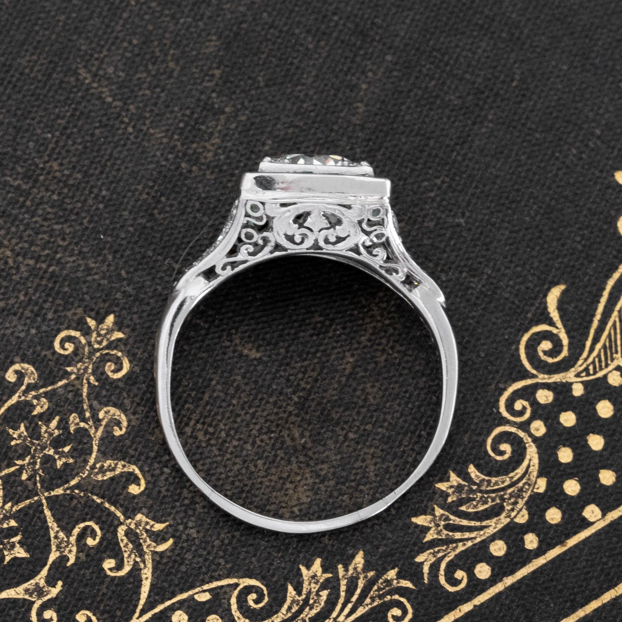 1.79ctw Art Deco Inspired Old European Cut Diamond & Emerald Halo Ring
