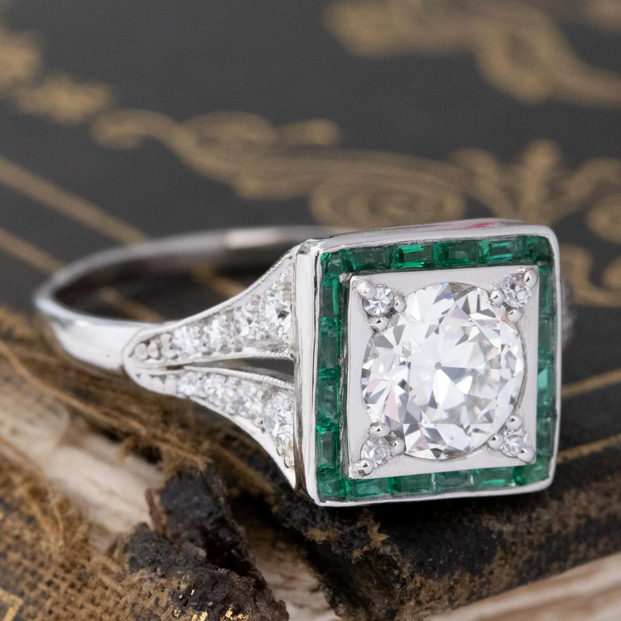 1.79ctw Art Deco Inspired Old European Cut Diamond & Emerald Halo Ring