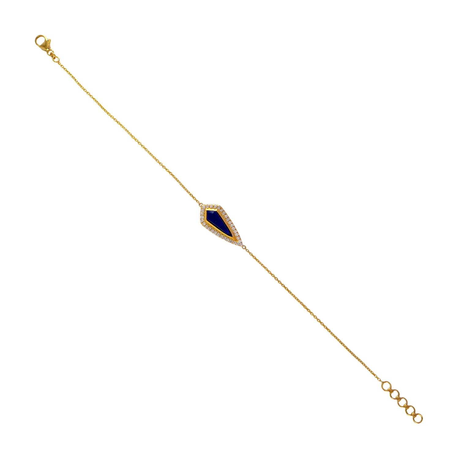 18K Yellow Gold Pave Diamond Triangle Lapis Gemstone Fixed And Flexible Bracelet