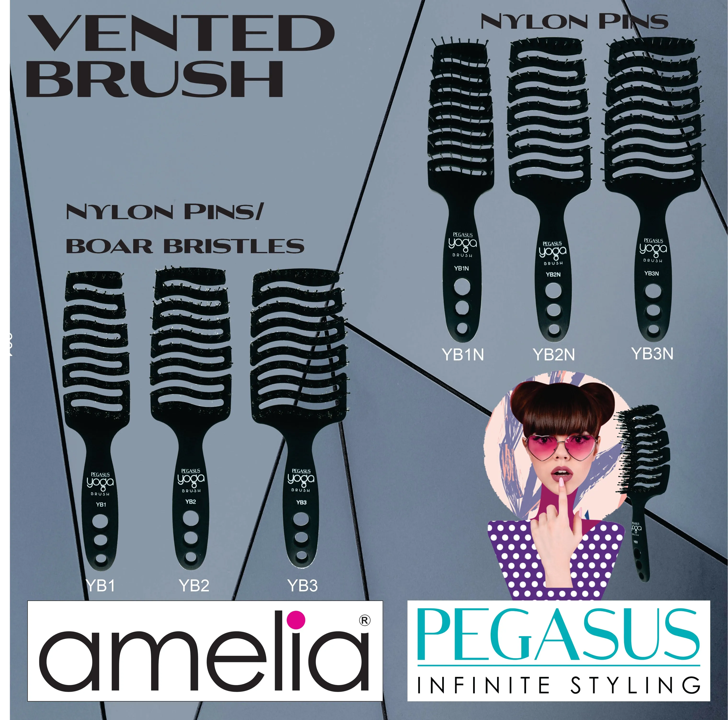 9in Flexible Vented Brush, Pegasus YB1 - Yoga Brush with Nylon and Boar Bristles