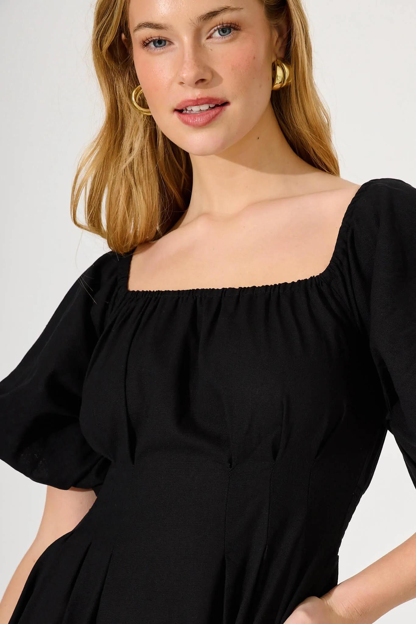 Black Linen Blend Midi Dress for Winter