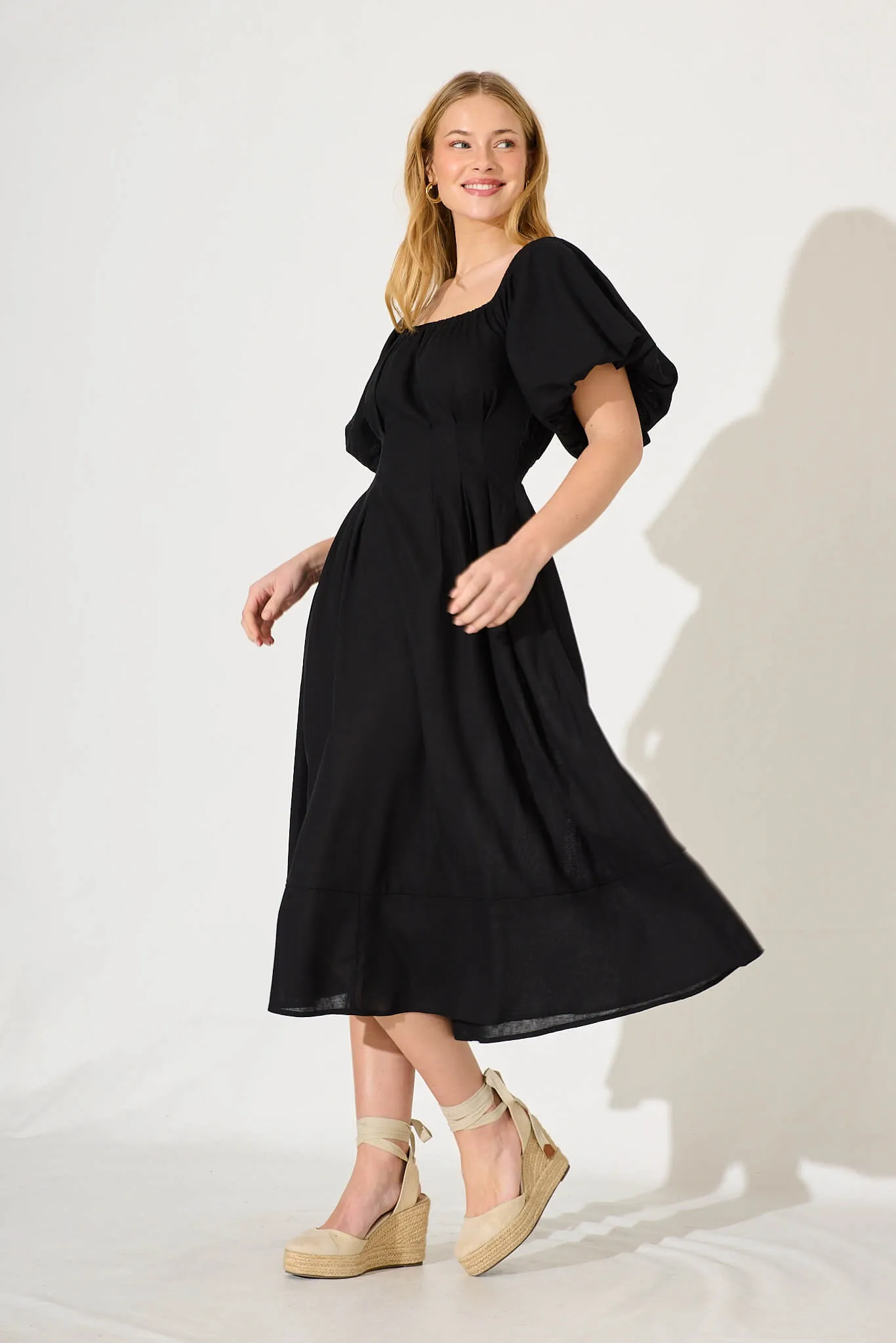 Black Linen Blend Midi Dress for Winter