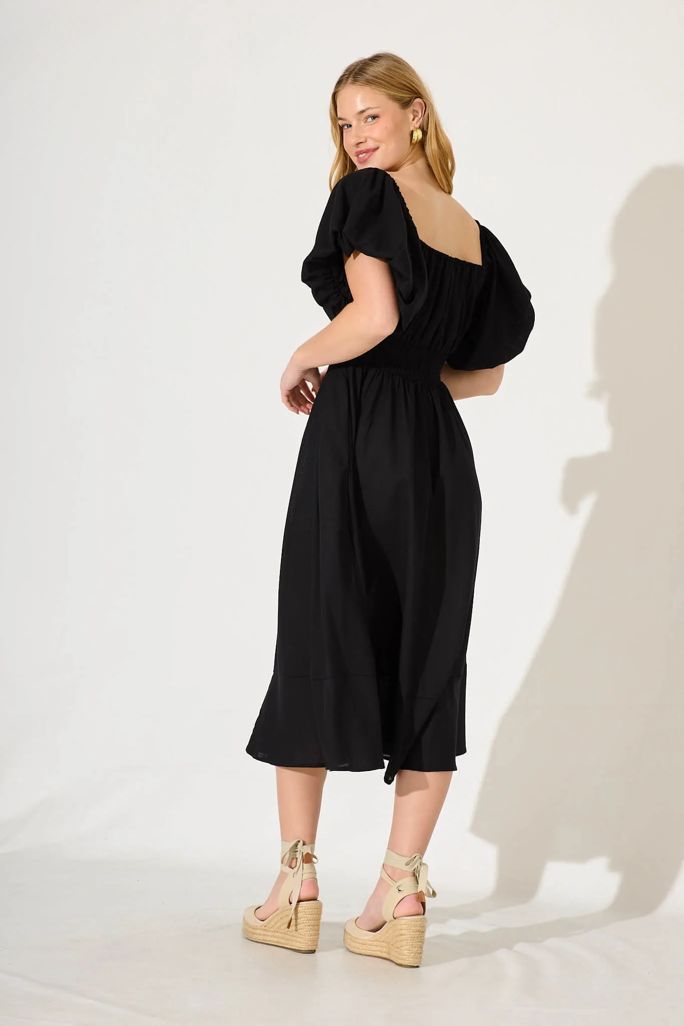 Black Linen Blend Midi Dress for Winter