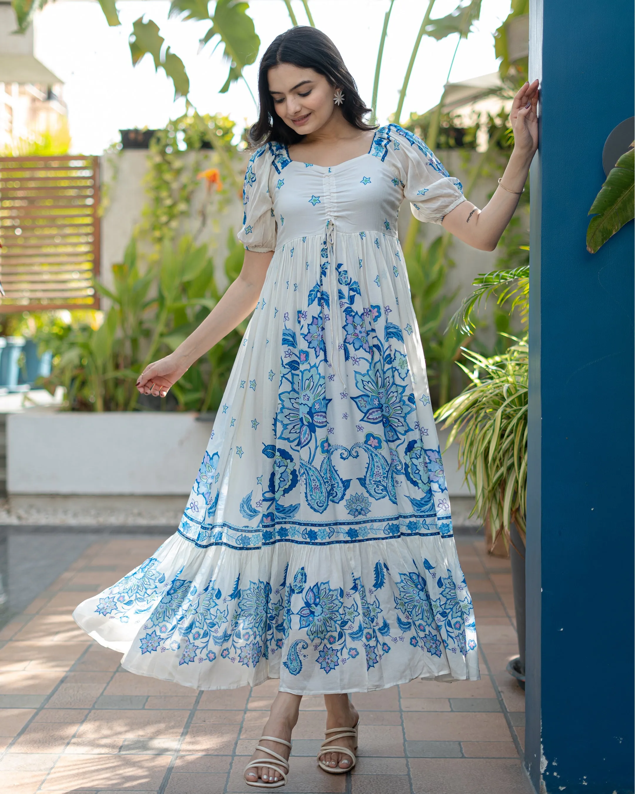 Blue and White Water Flower Dress