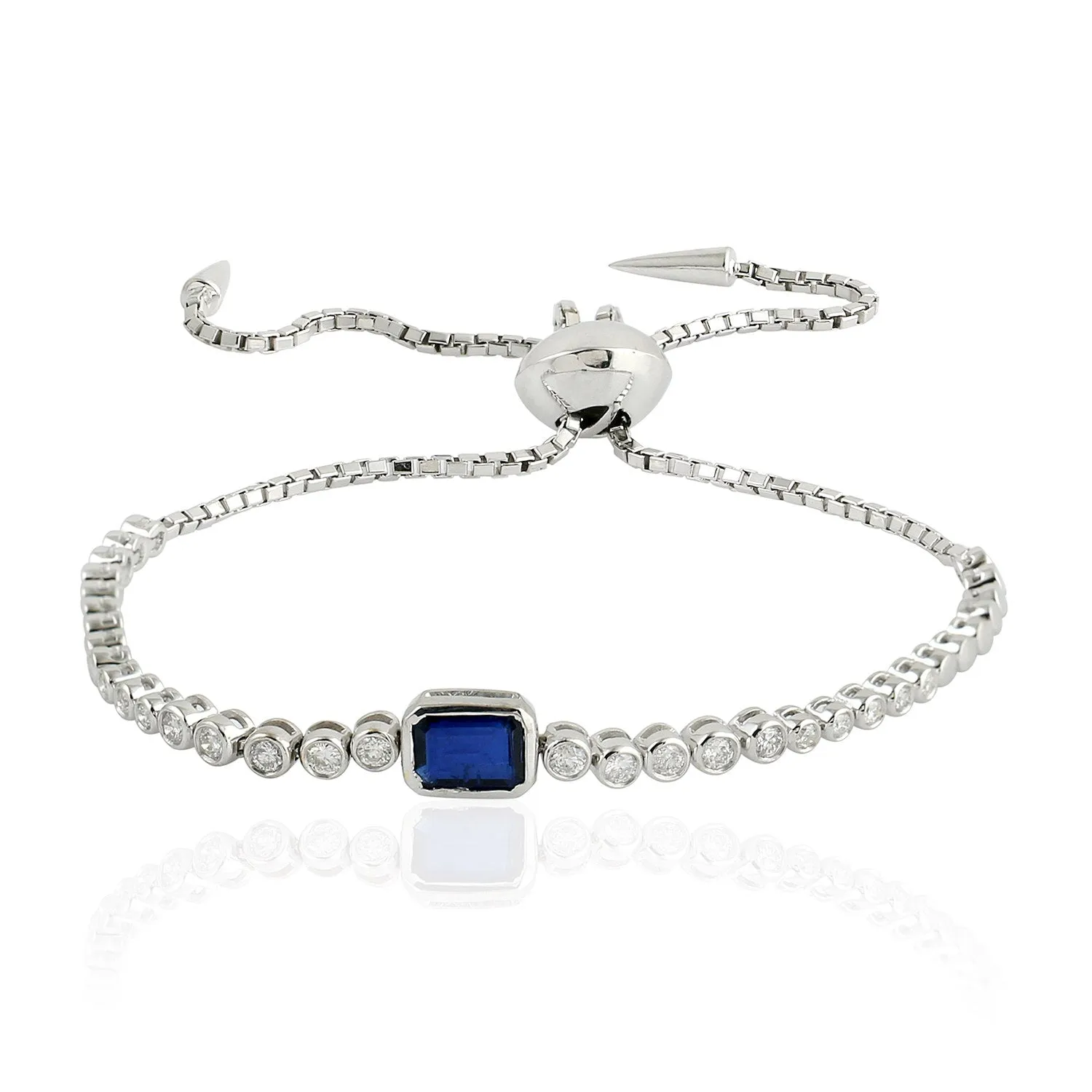 Blue Sapphire Bezel Set Diamond Fixed And Flexible Bracelet In White Gold