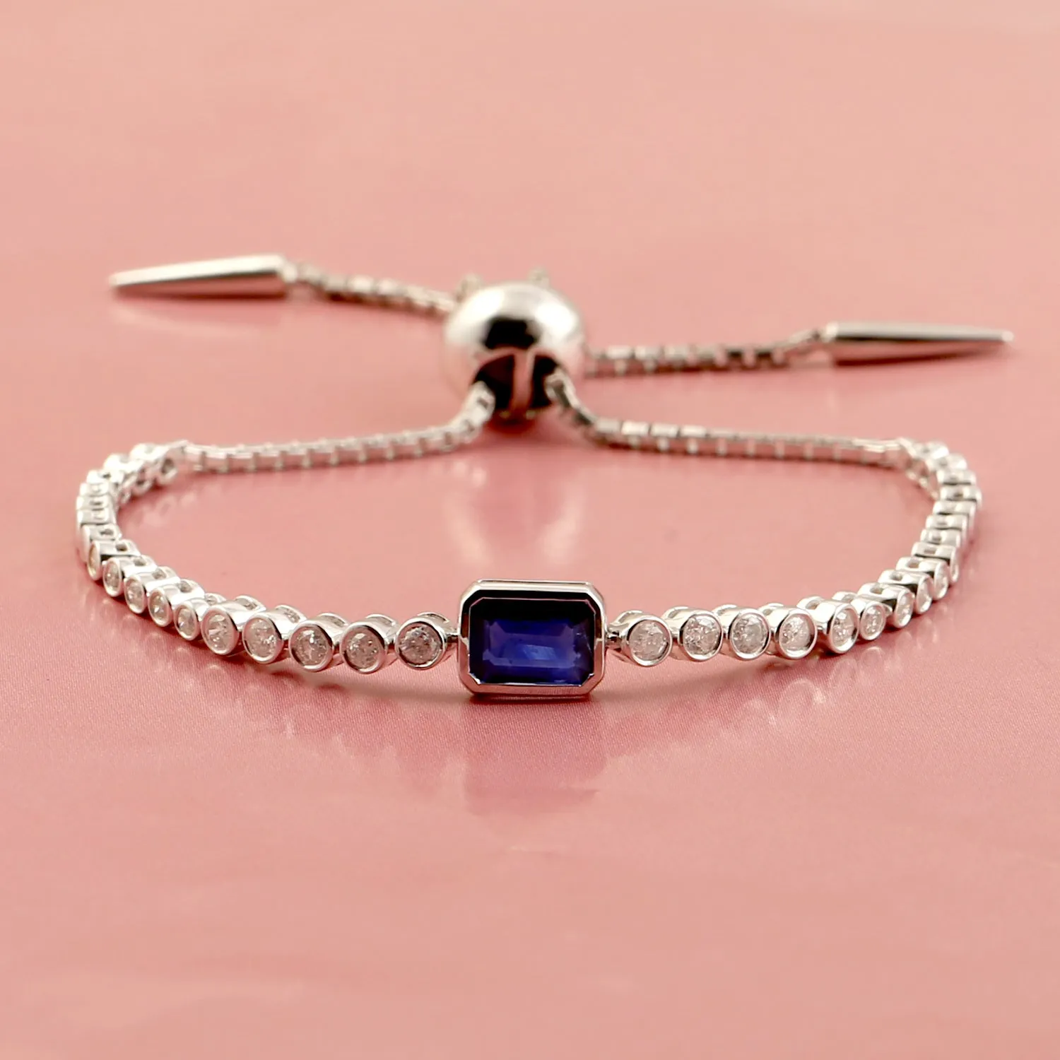 Blue Sapphire Bezel Set Diamond Fixed And Flexible Bracelet In White Gold