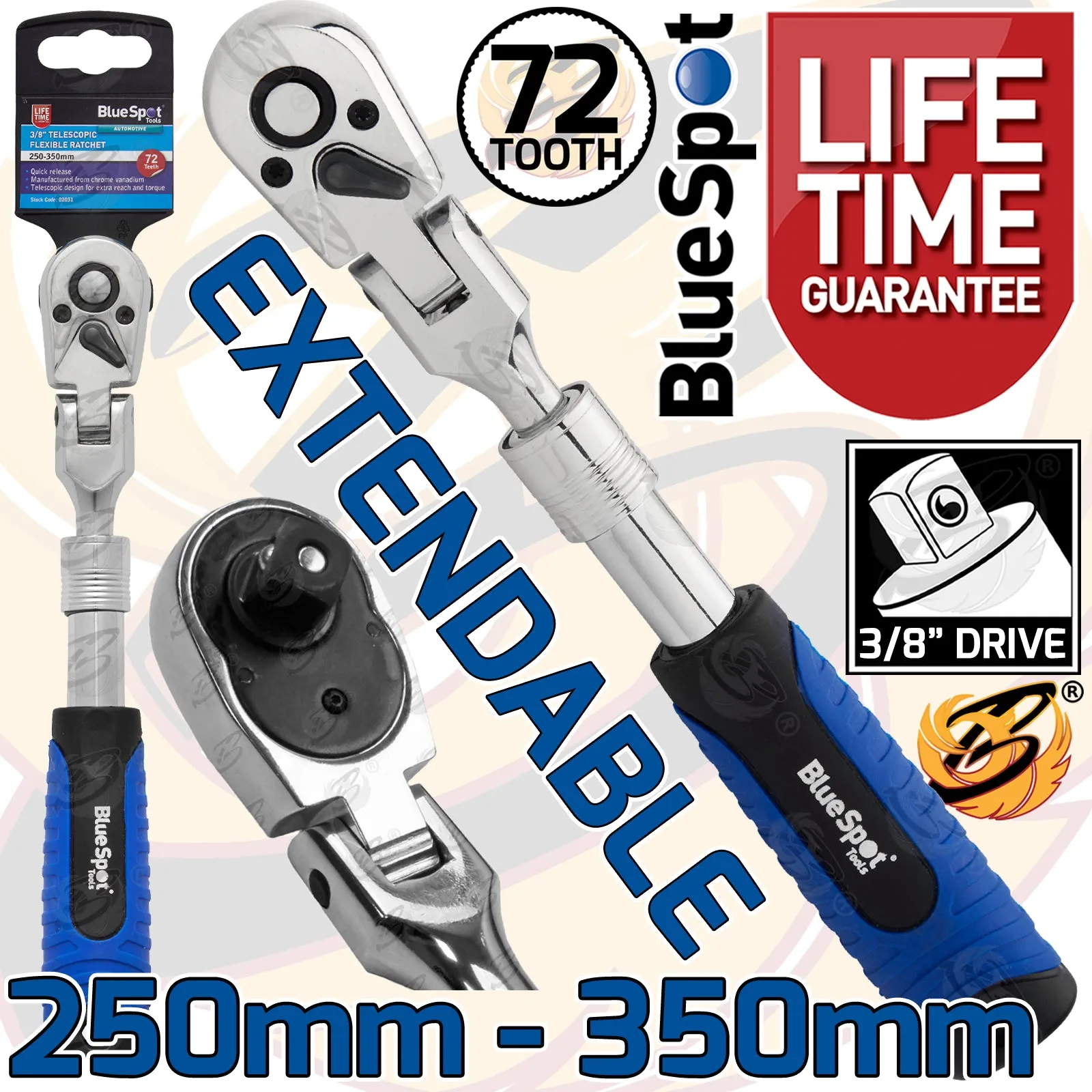 BLUESPOT 3/8" DRIVE 72 TOOTH EXTENDABLE FLEXIBLE RATCHET HANDLE ( 250MM - 350MM )