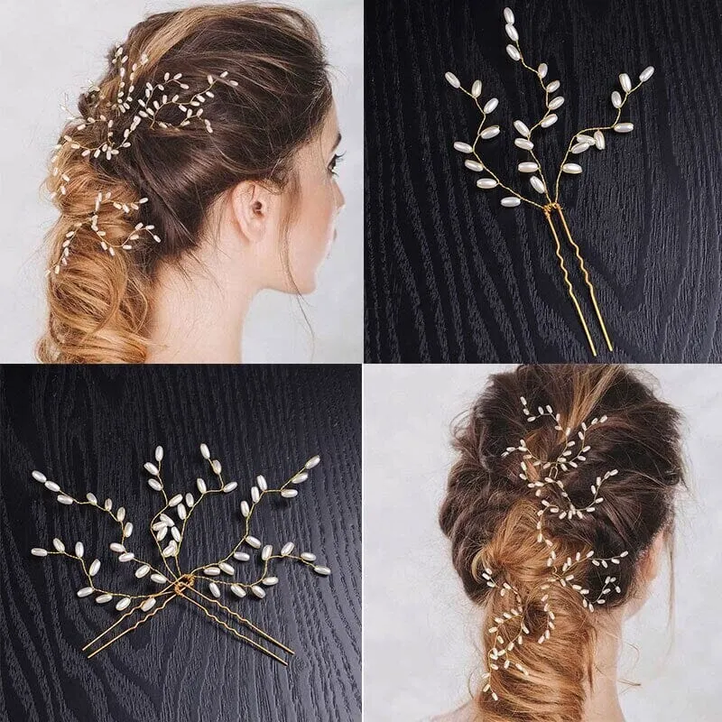 Bridal Oval Pearl 3 PC Hairpin Set, Wedding Pearl Branch Hair Pin Accessory, Bridesmaid Pearl Hairpins, Set of 3