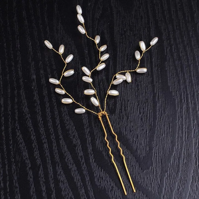Bridal Oval Pearl 3 PC Hairpin Set, Wedding Pearl Branch Hair Pin Accessory, Bridesmaid Pearl Hairpins, Set of 3