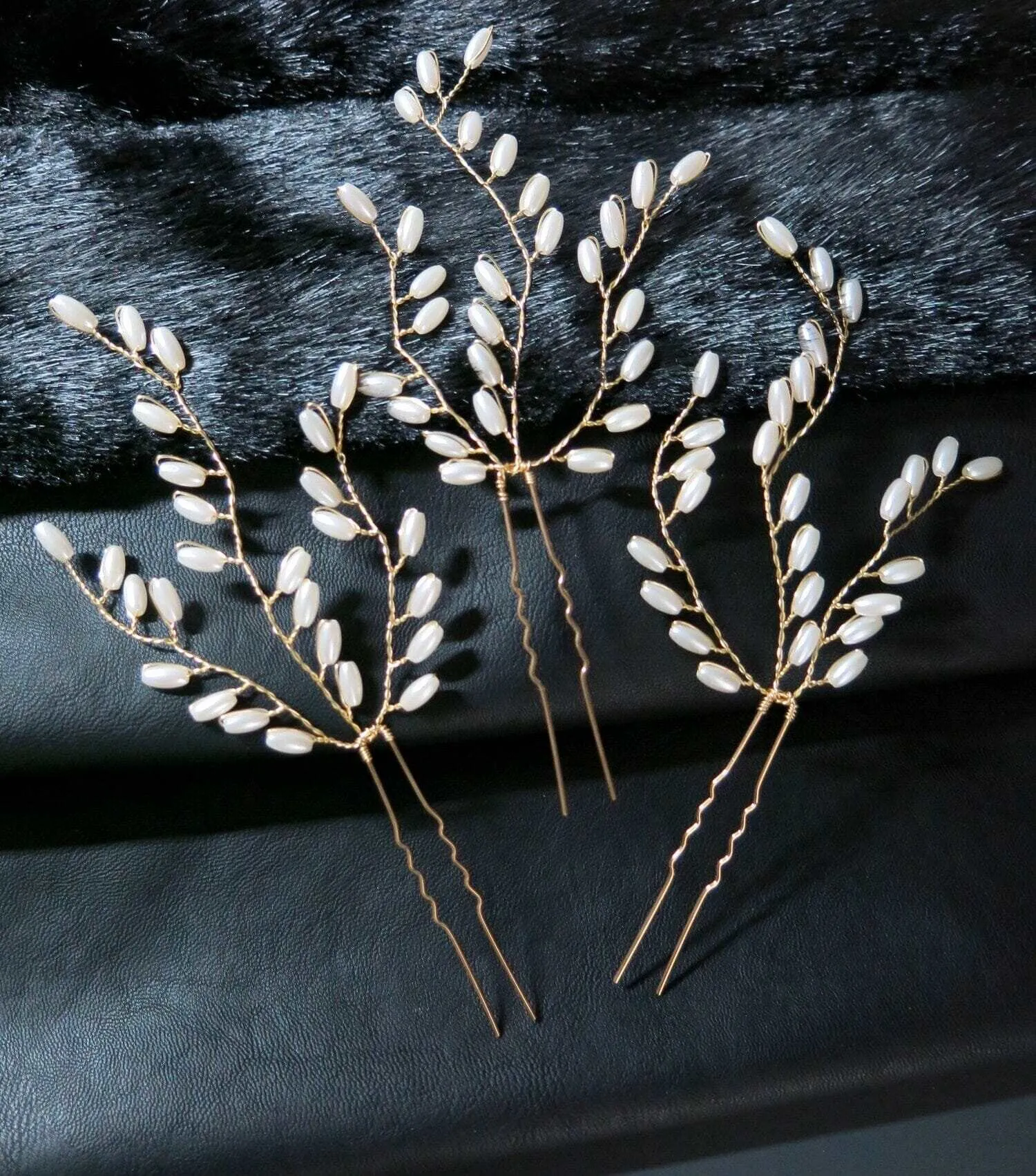 Bridal Oval Pearl 3 PC Hairpin Set, Wedding Pearl Branch Hair Pin Accessory, Bridesmaid Pearl Hairpins, Set of 3