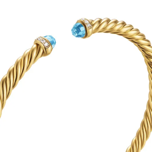 Cablespira Flex Bracelet in 18K Yellow Gold with Blue Topaz and Diamonds, 4mm, Size Medium