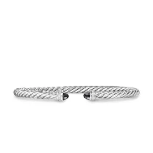 Cablespira Flex Bracelet in Sterling Silver with Black Onyx and Diamonds, 4mm, Size Small