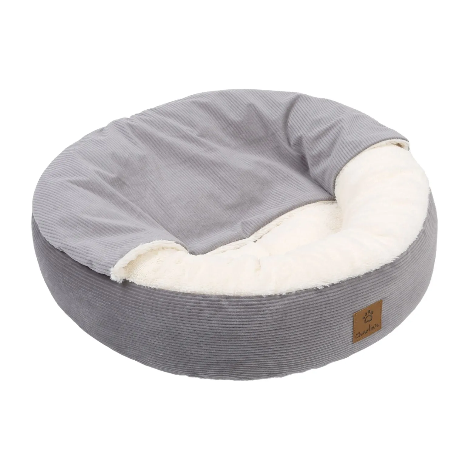 Charlie's Snookie Hooded Corduroy Calming Dog Bed Dove Grey Medium