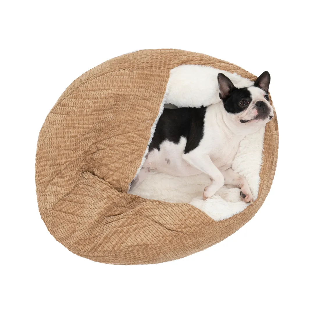 Charlie's Snookie Hooded Corduroy Calming Dog Bed Terracotta Medium