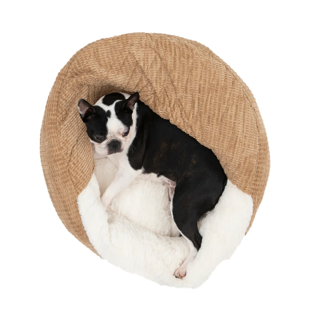 Charlie's Snookie Hooded Corduroy Calming Dog Bed Terracotta Medium