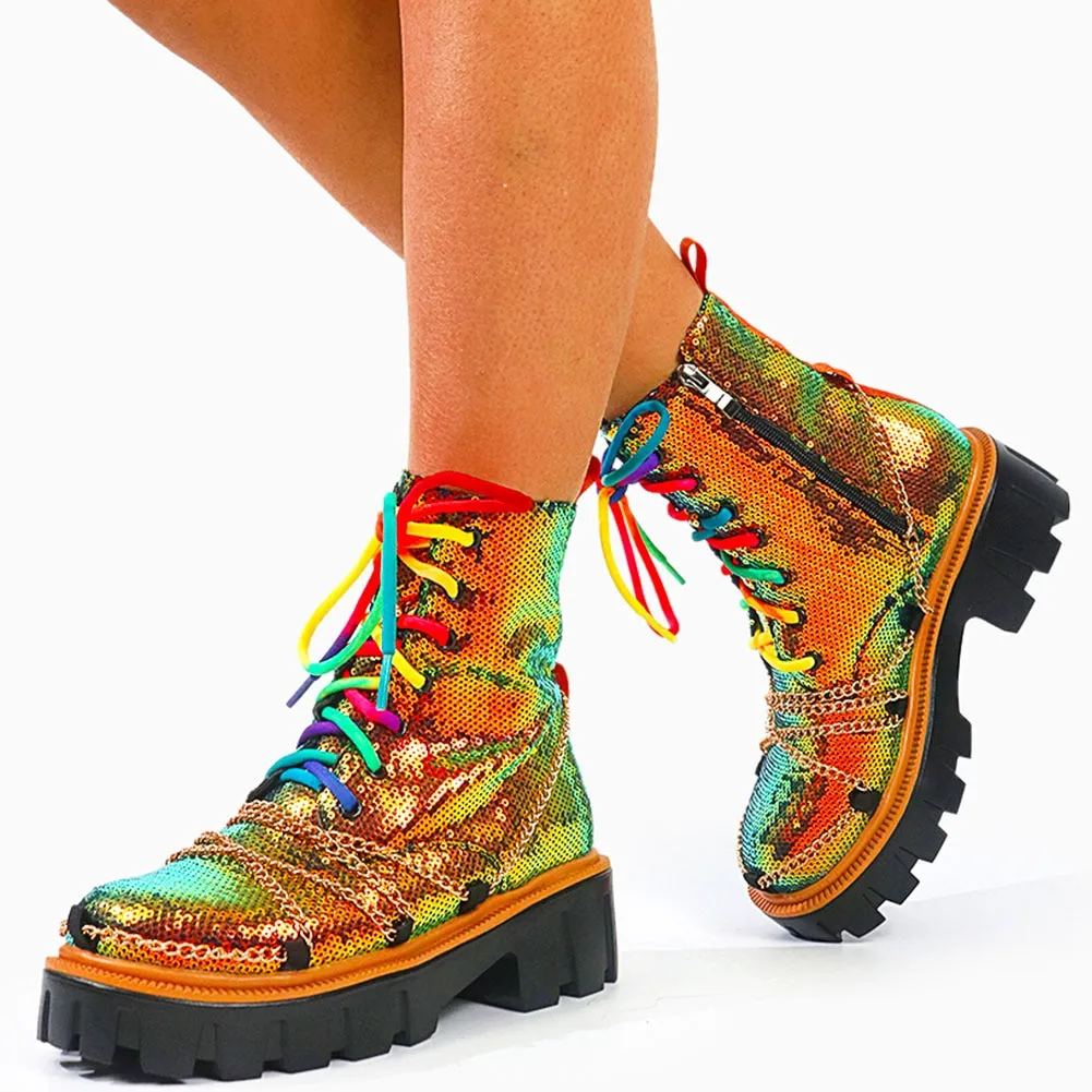 Dazzling Chains' Multi-Color Sequin Chunky Boots