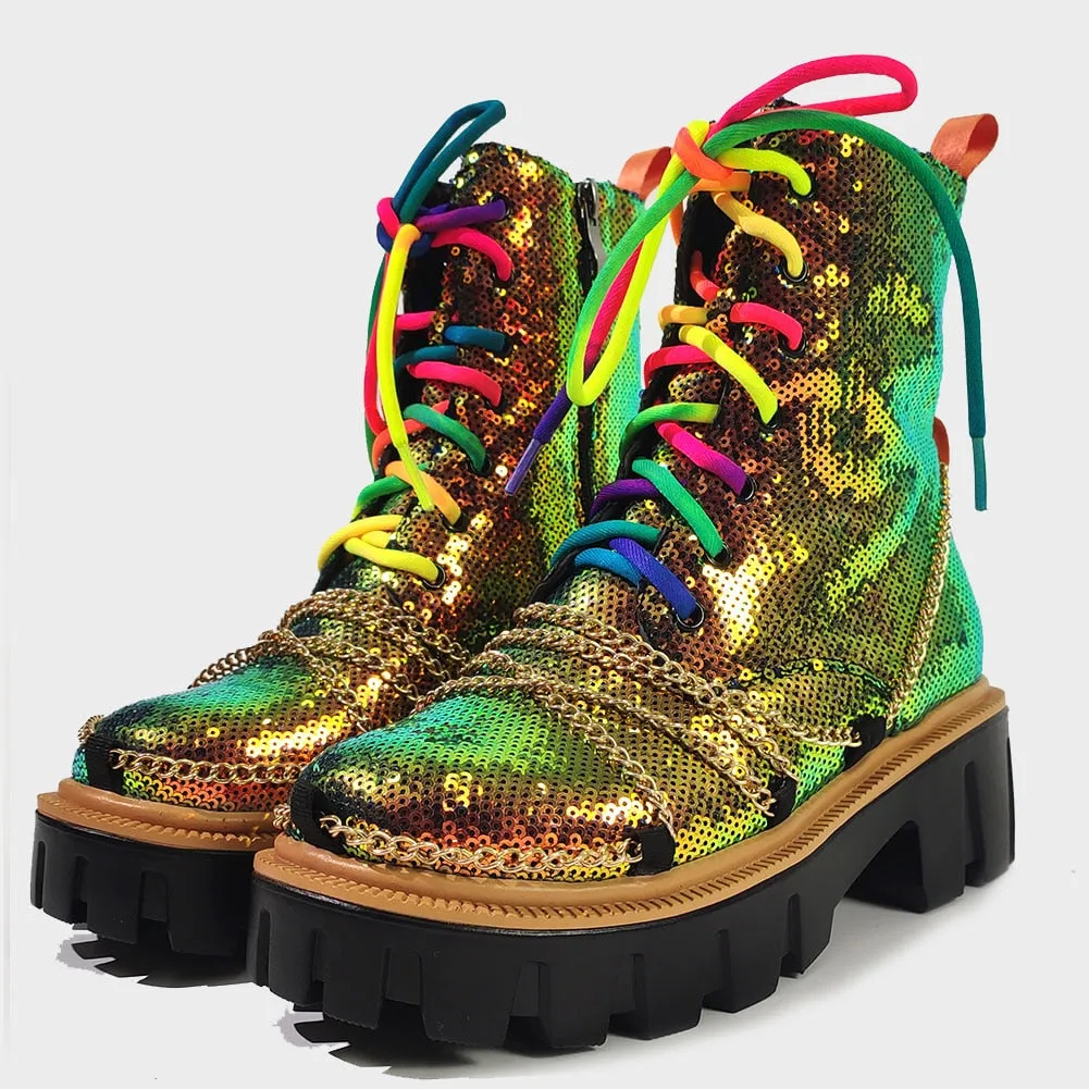 Dazzling Chains' Multi-Color Sequin Chunky Boots