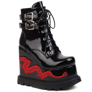 Dragon Thunder' Patent Ankle Platform Boots