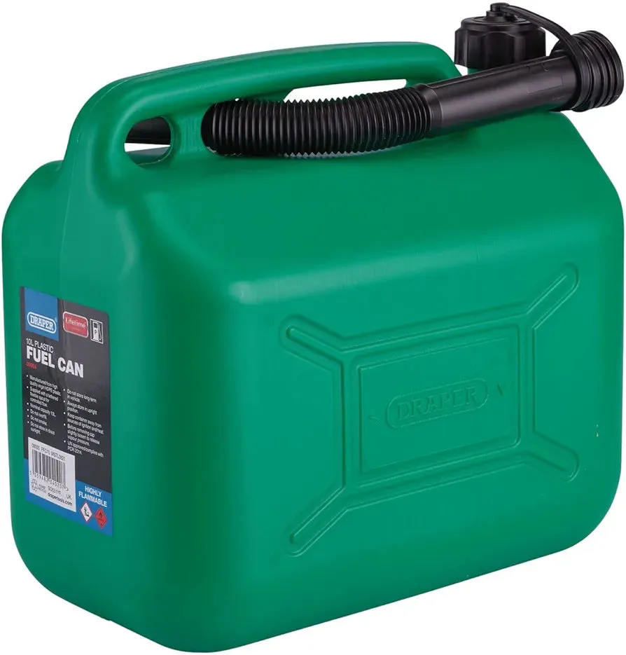 Draper 10L Plastic Petrol Can | Jerry Fuel Diesel Can | 10000cc Water Container | 20mm Flexible Spout Diameter | 290mm Spout Length  09055 09058