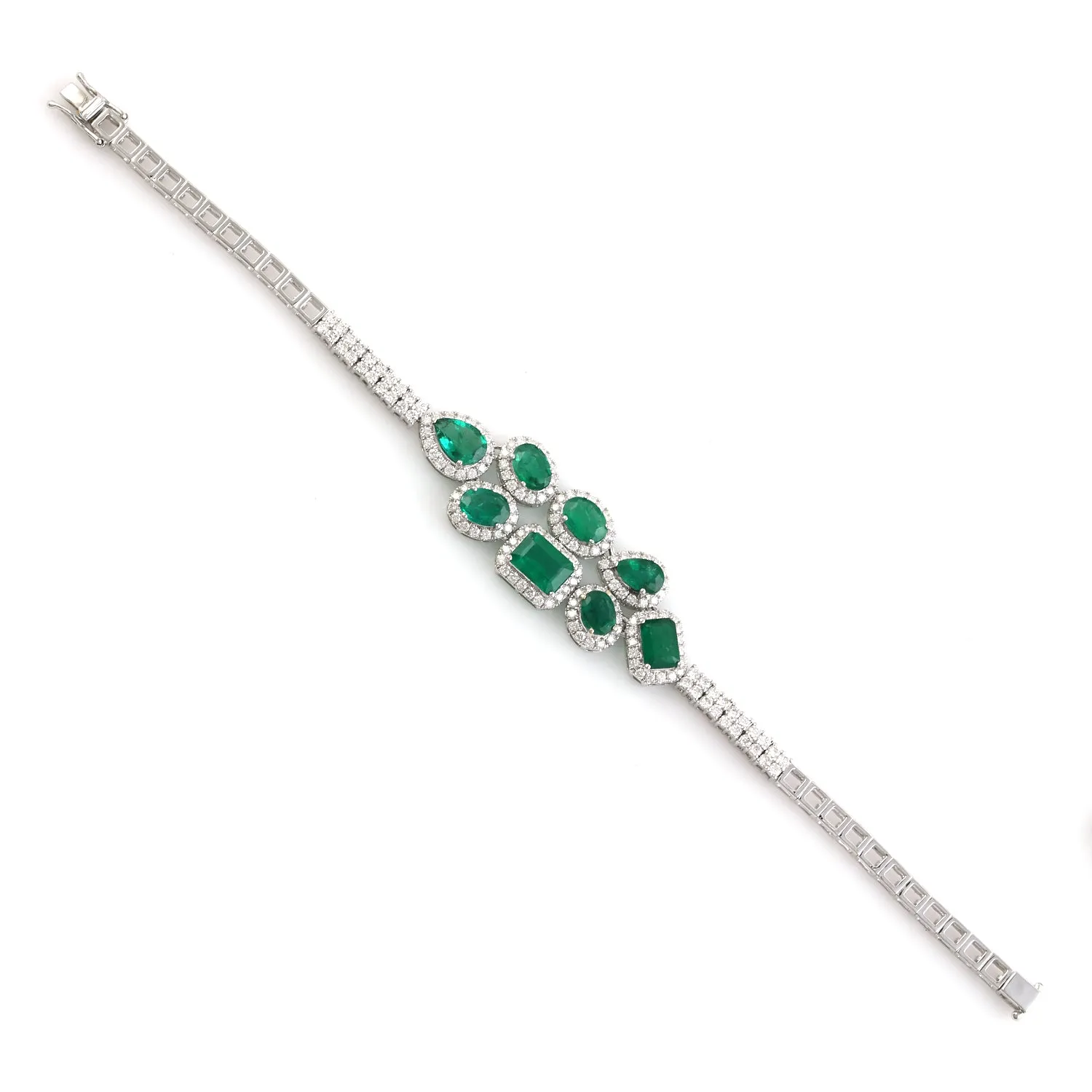 Emerald May Birthstone Pave Diamond Designer Fixed & Flexible Bracelet In White Gold