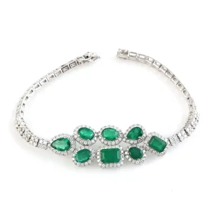 Emerald May Birthstone Pave Diamond Designer Fixed & Flexible Bracelet In White Gold