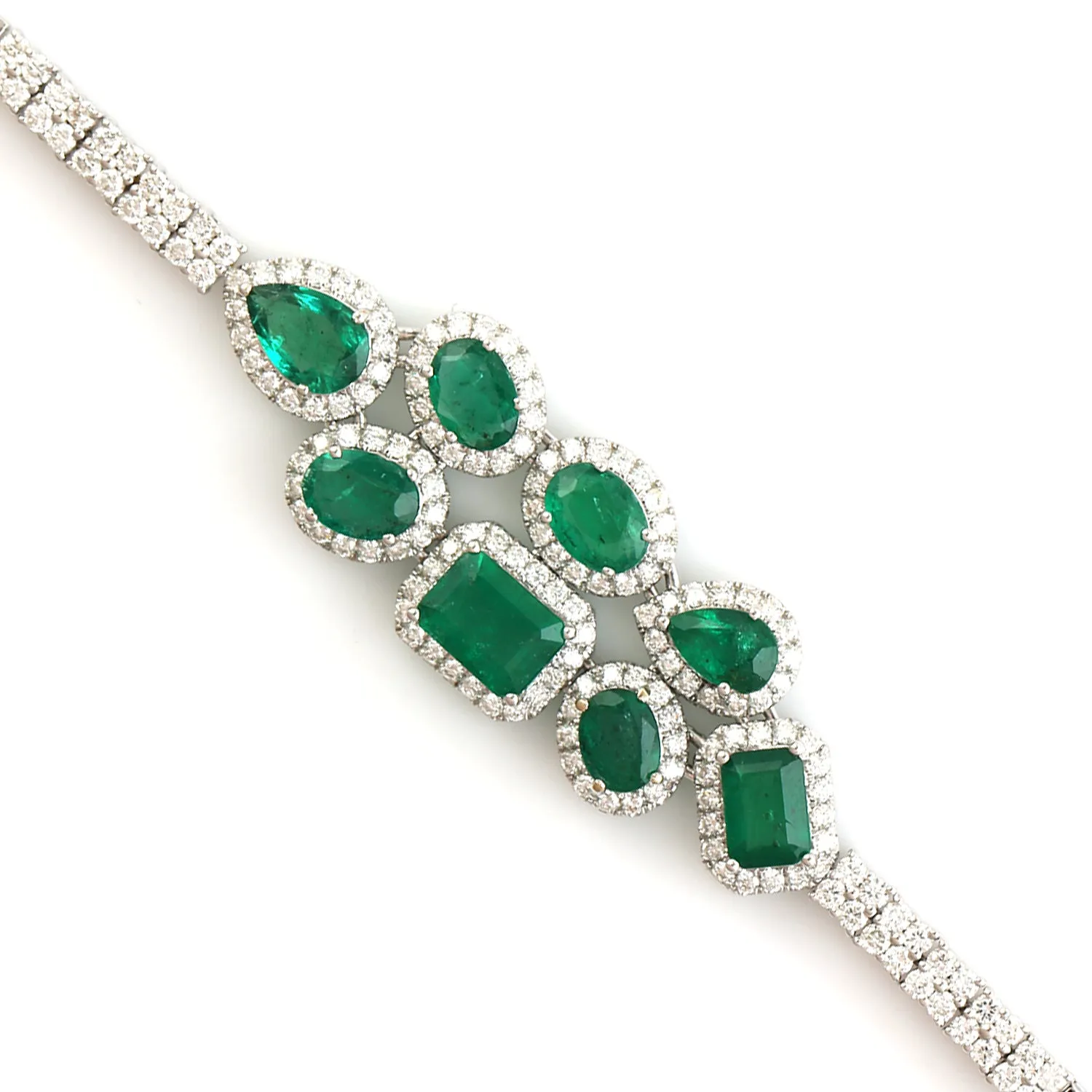 Emerald May Birthstone Pave Diamond Designer Fixed & Flexible Bracelet In White Gold