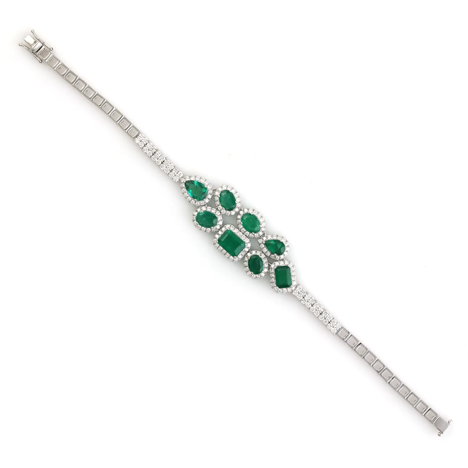 Emerald May Birthstone Pave Diamond Designer Fixed & Flexible Bracelet In White Gold