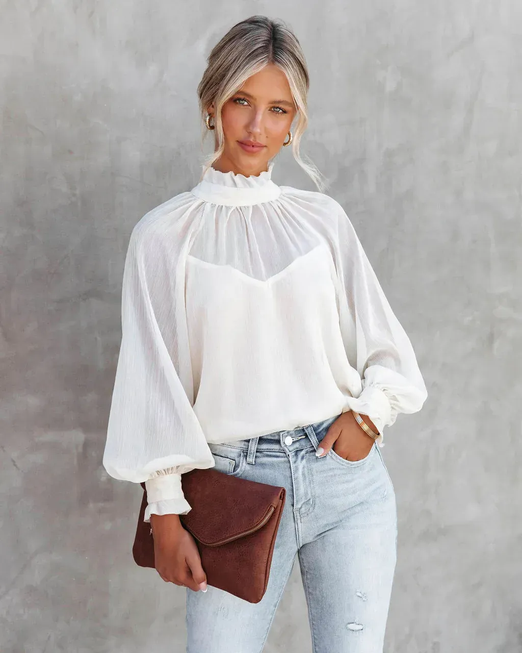 Ethereal Elegance Sheer Mock Neck Balloon Sleeve Blouse