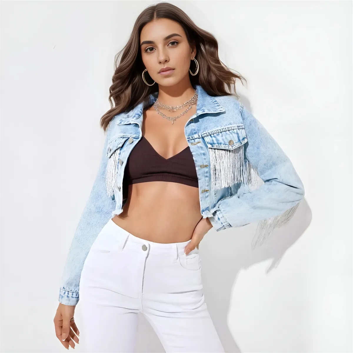 Feral Fringe Distressed Cropped Denim Jacket