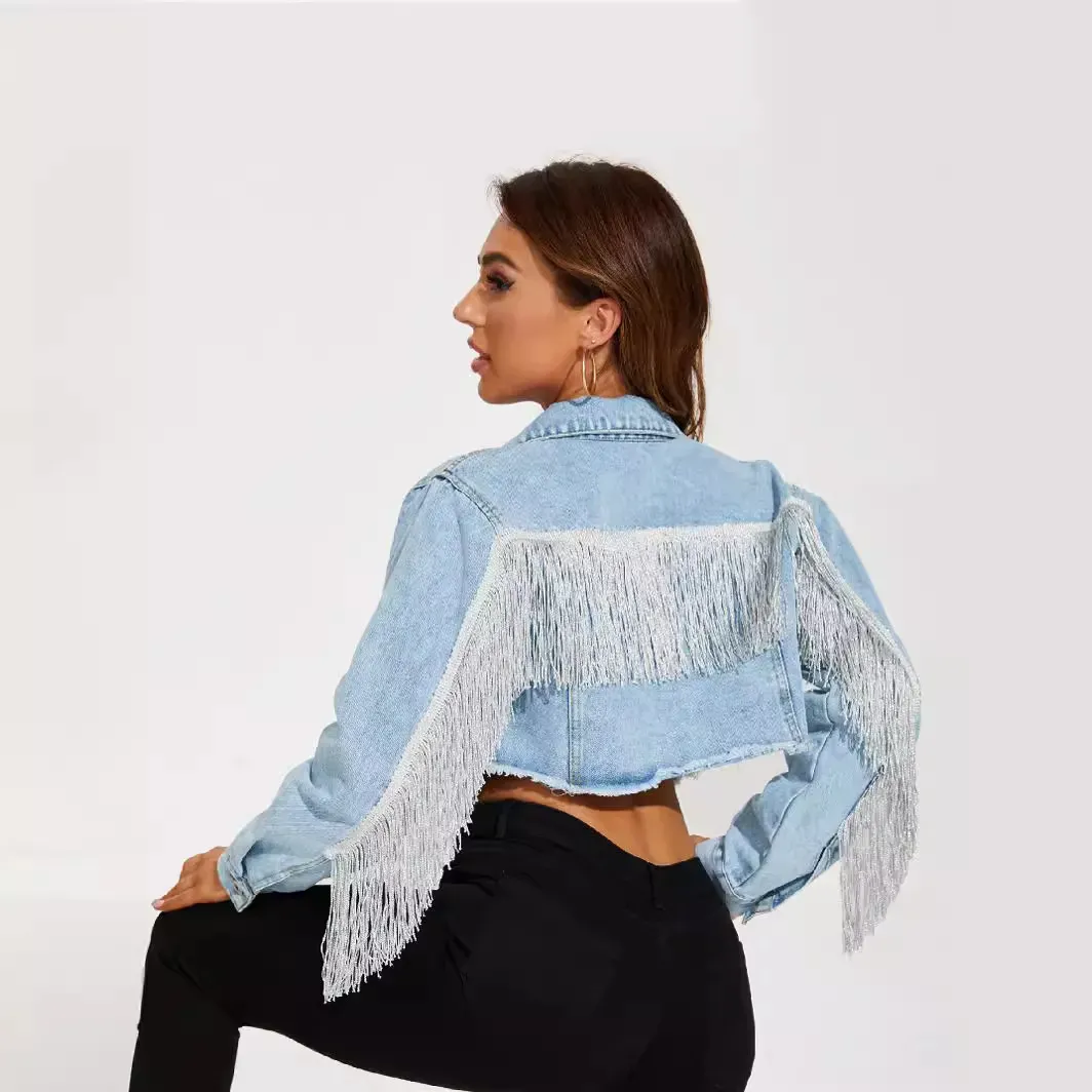 Feral Fringe Distressed Cropped Denim Jacket