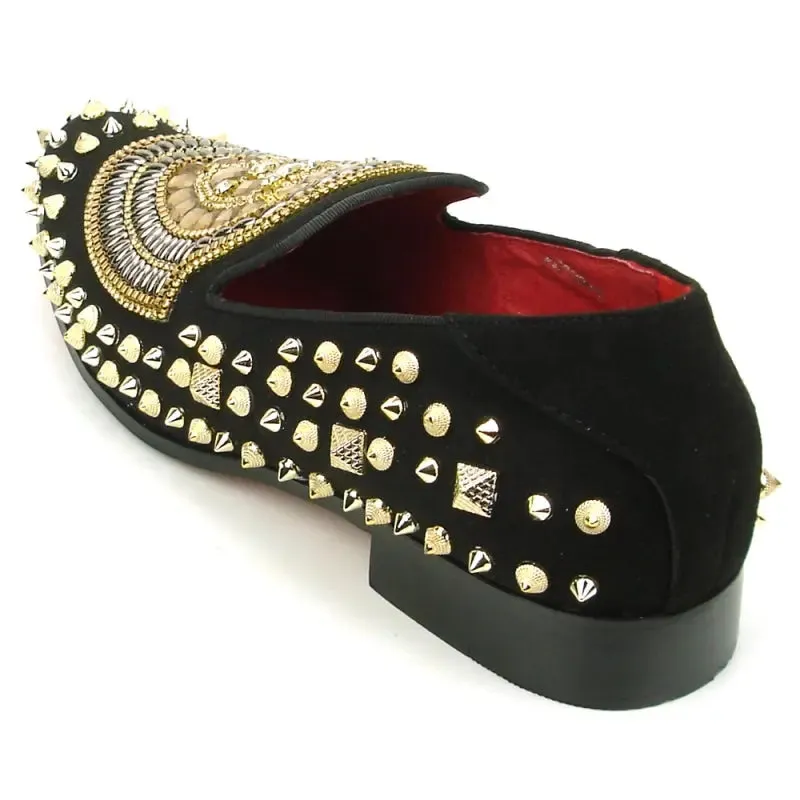 Fiesso FI-7500 Black Suede Gold Stones Slip on Loafers