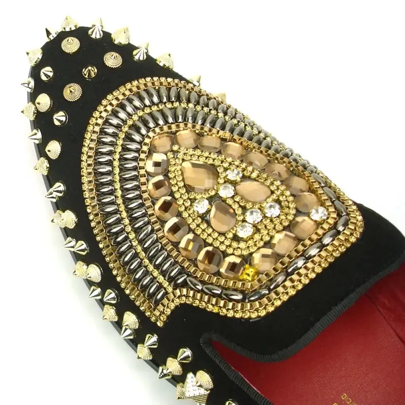 Fiesso FI-7500 Black Suede Gold Stones Slip on Loafers