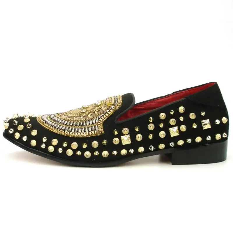 Fiesso FI-7500 Black Suede Gold Stones Slip on Loafers