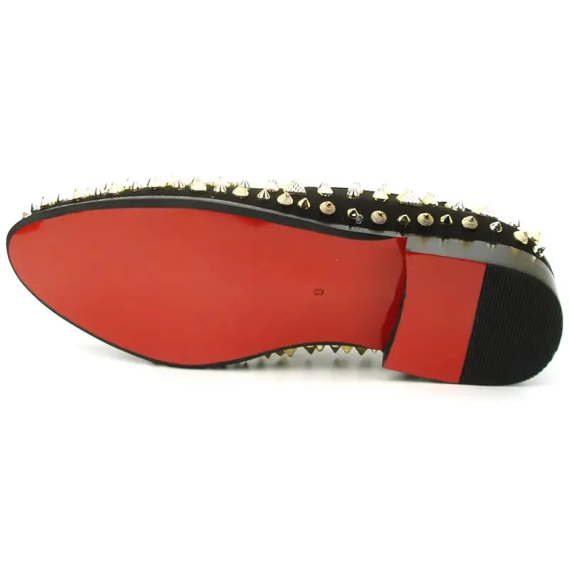 Fiesso FI-7500 Black Suede Gold Stones Slip on Loafers