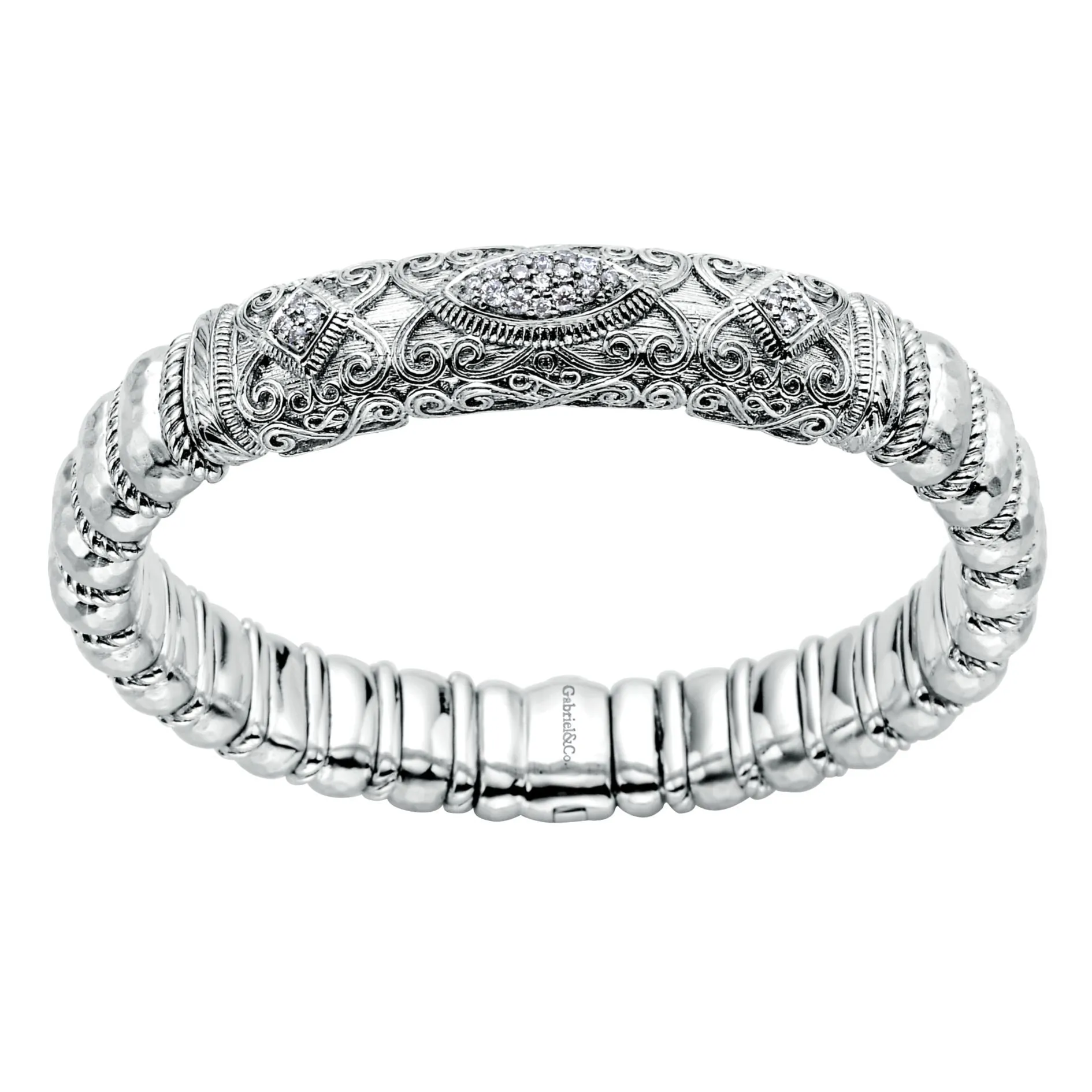 Gabriel Sterling Silver Rhodium & black rhodium plated flexible bangle with 0.38 Ct Diamond