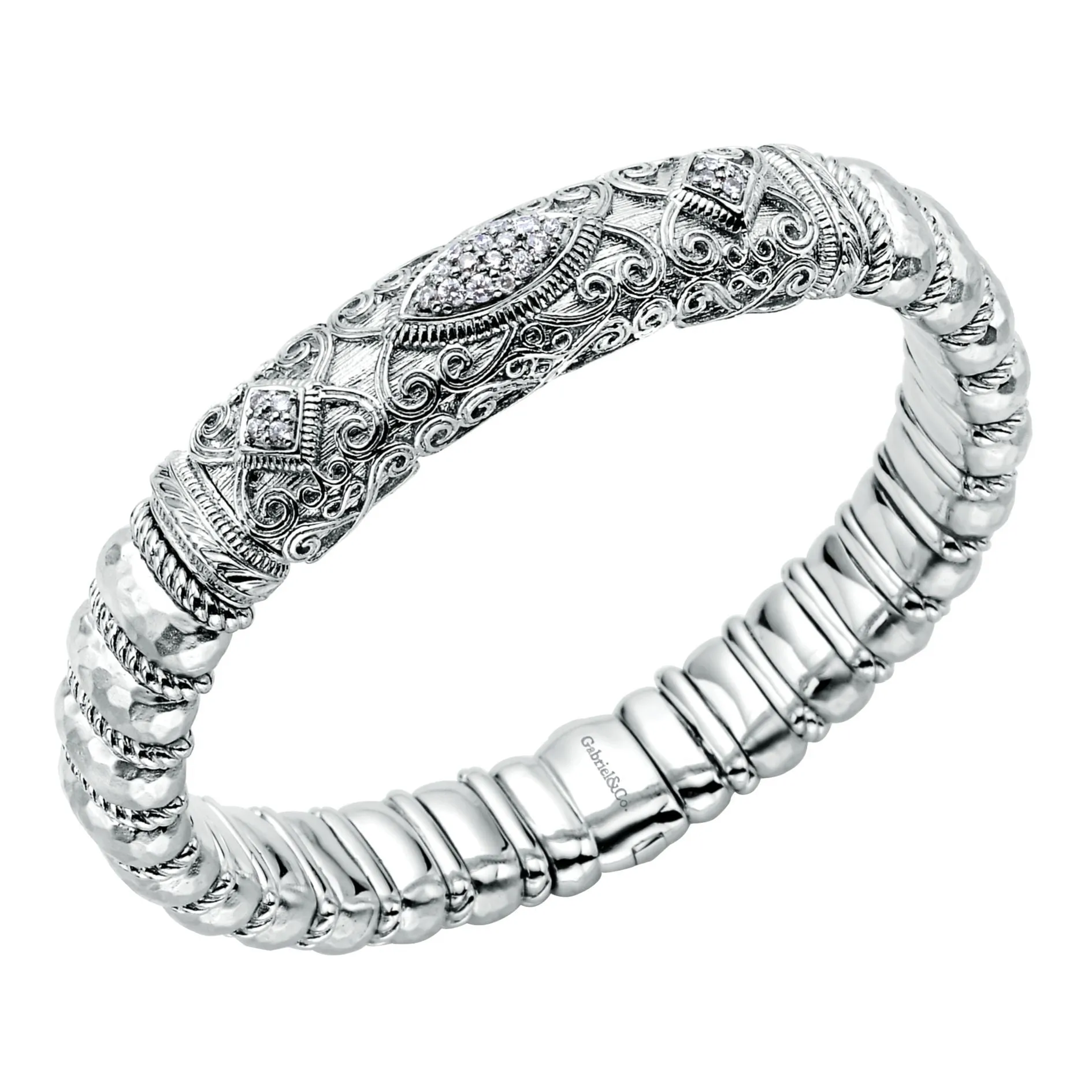 Gabriel Sterling Silver Rhodium & black rhodium plated flexible bangle with 0.38 Ct Diamond