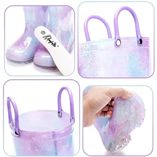 Girls Light Rain Boots Light Up Purple Glitter Kids Shoes - KKOMFORME