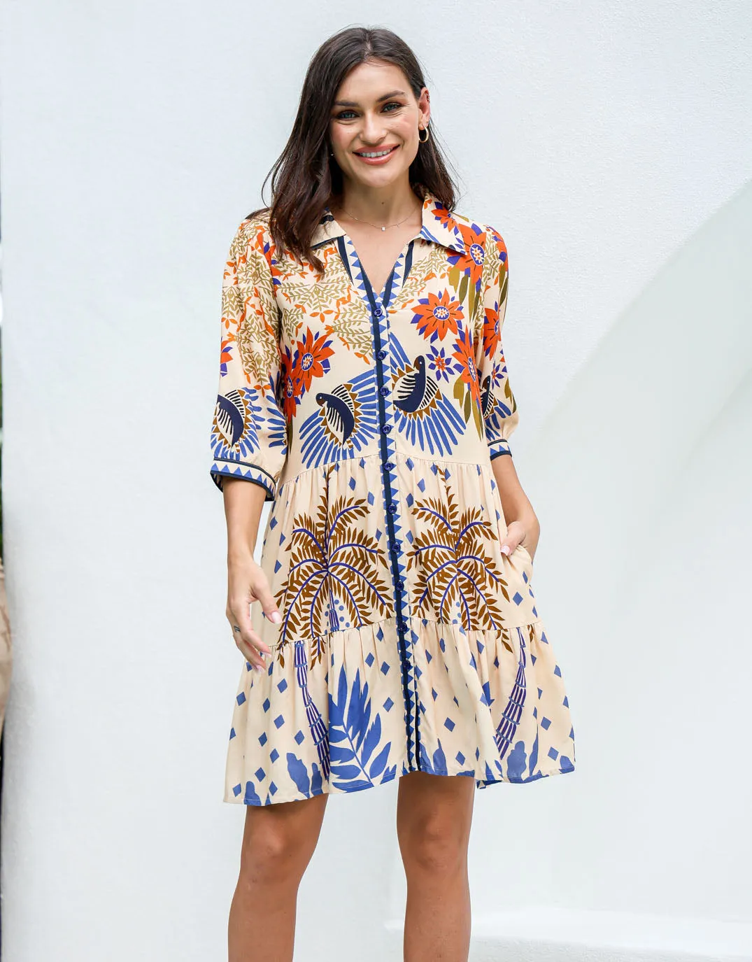 Granada Shirt Dress - Oatmeal/Cobalt