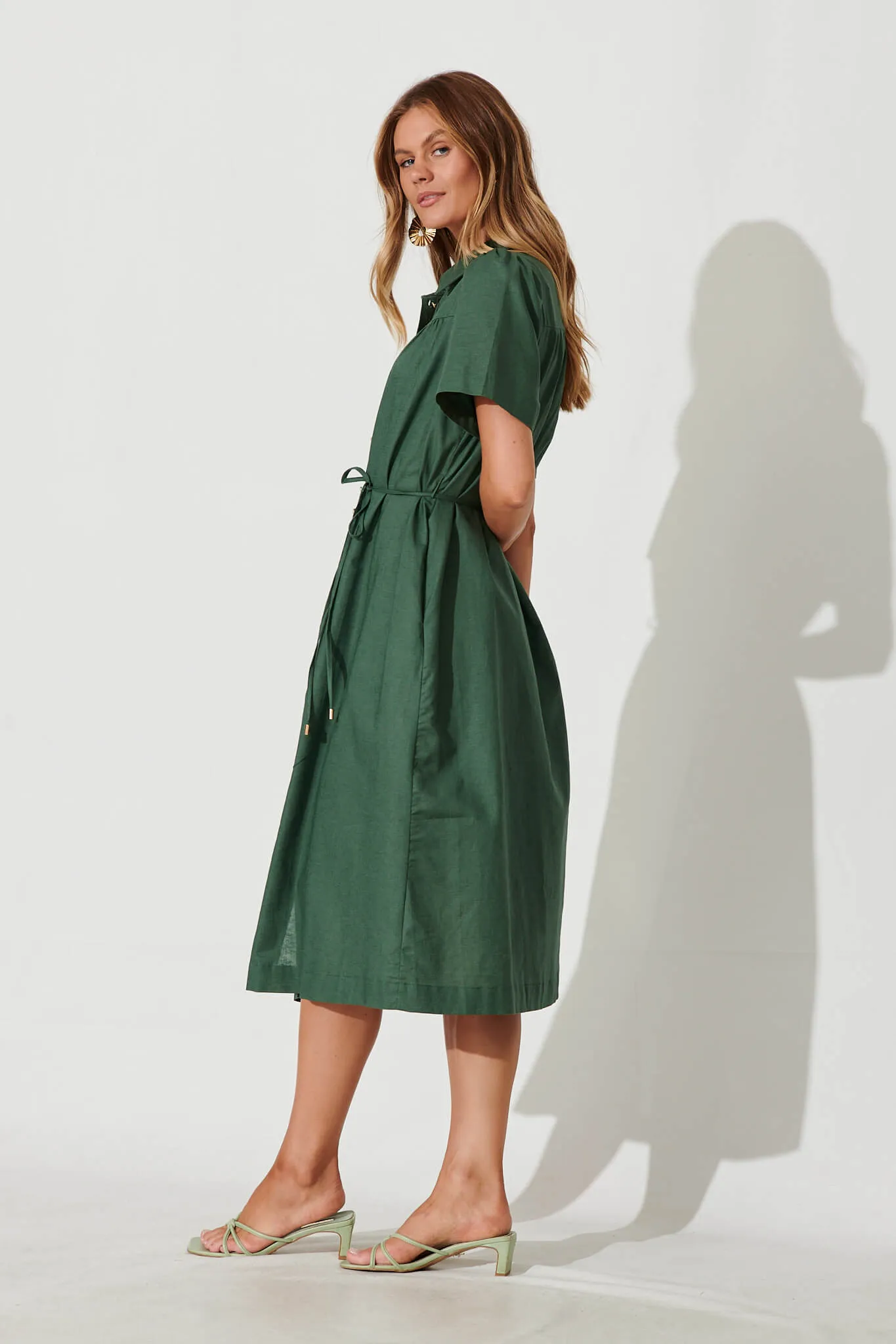 Green Cotton Linen Midi Shirt Dress by Oatland