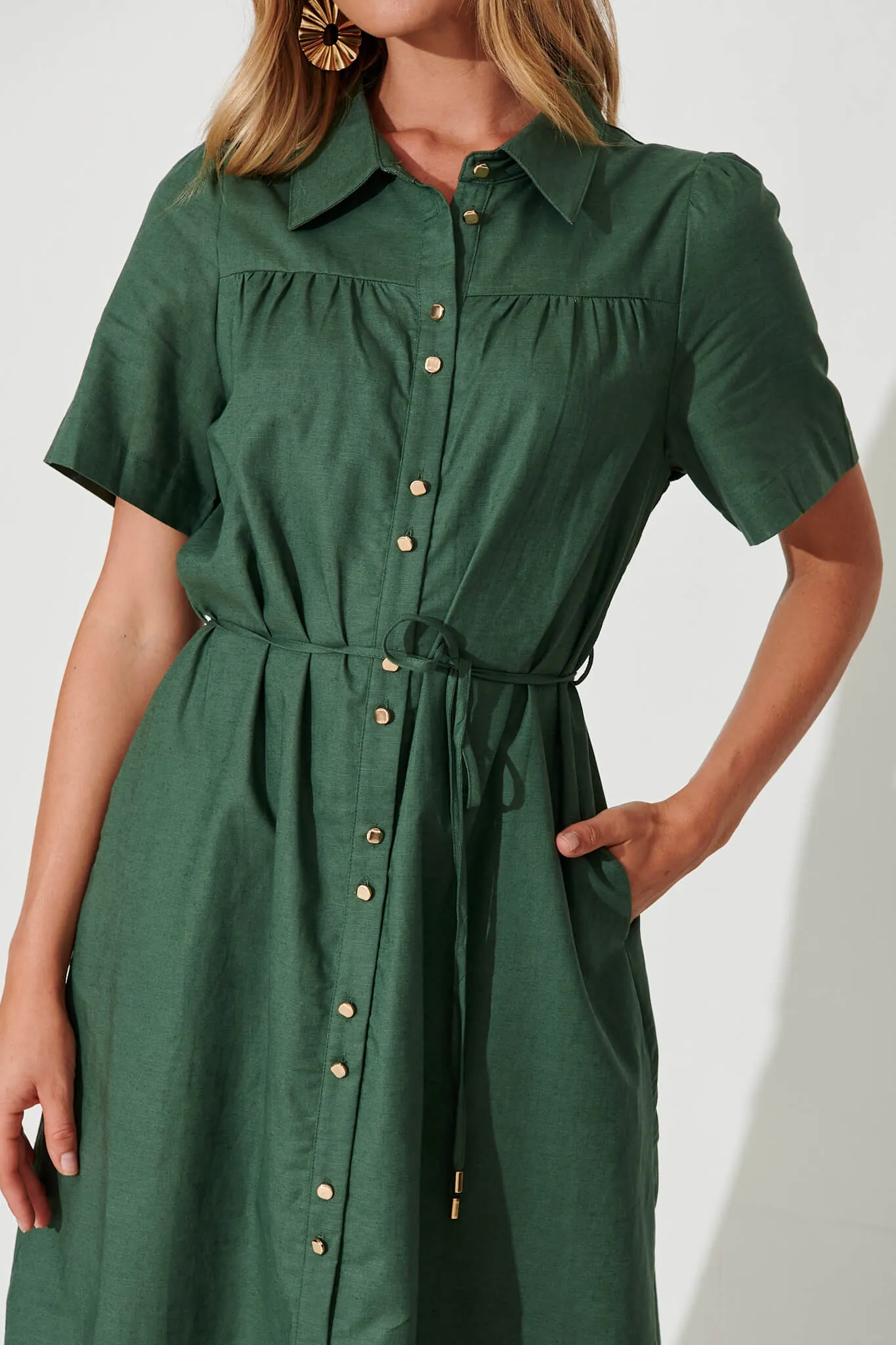 Green Cotton Linen Midi Shirt Dress by Oatland