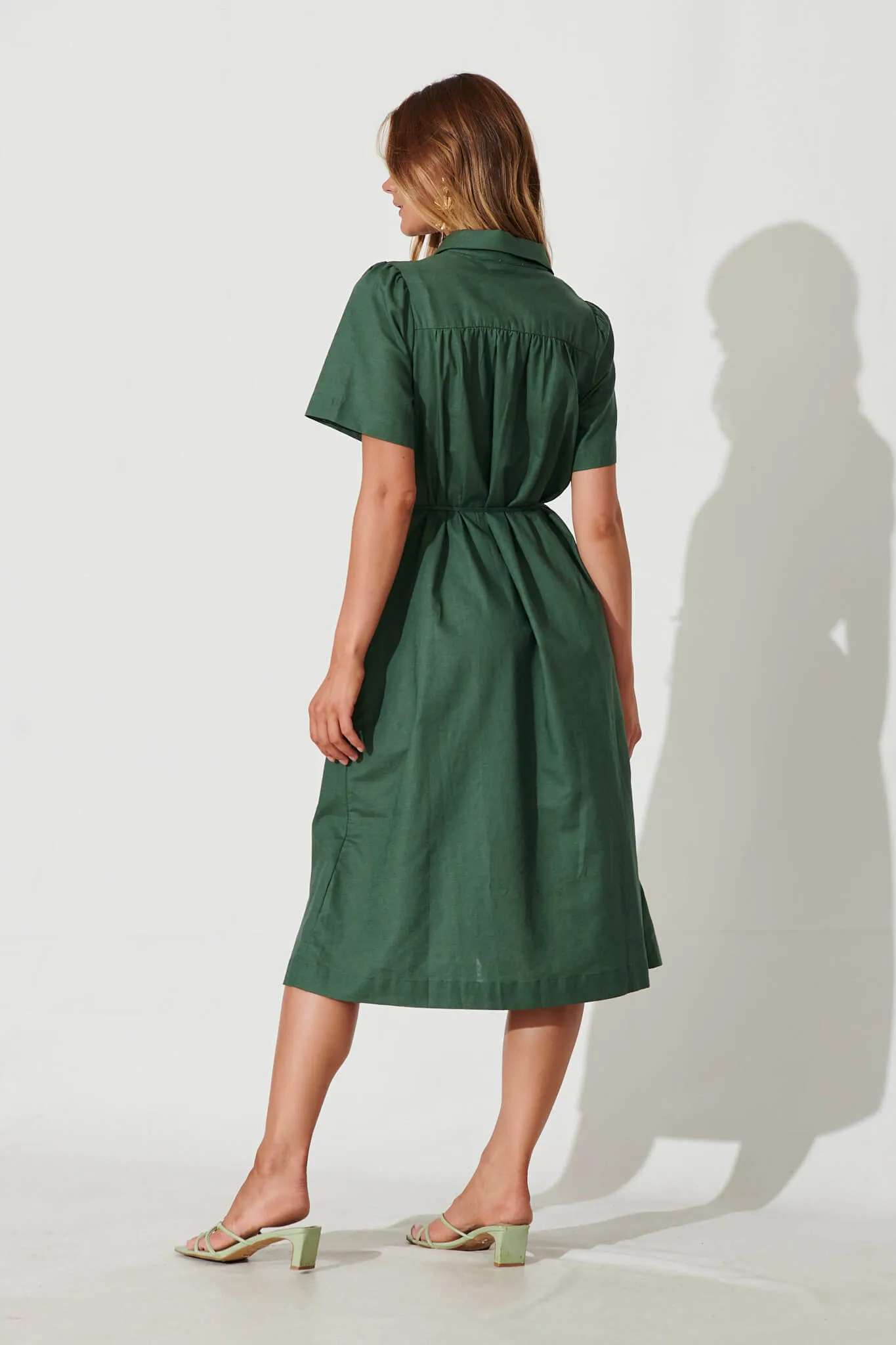 Green Cotton Linen Midi Shirt Dress by Oatland