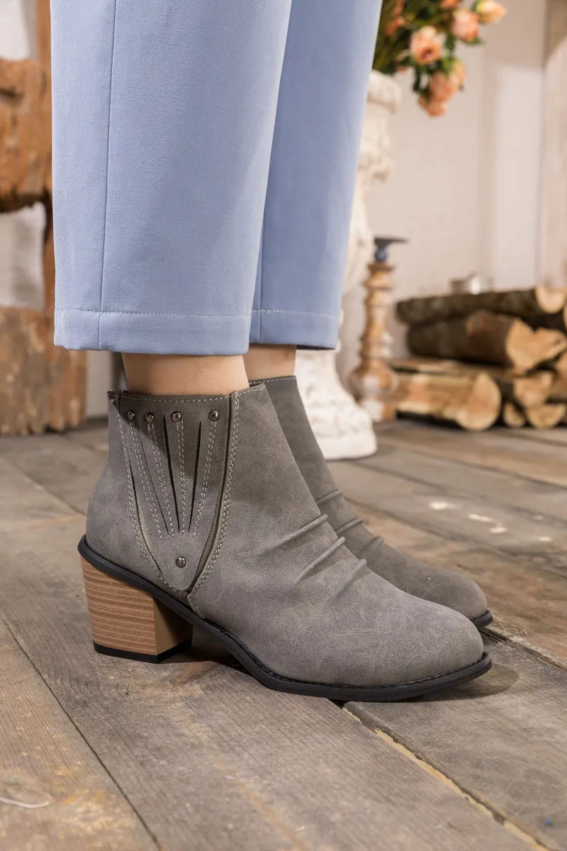 Grey Ruched Low Ankle Boots