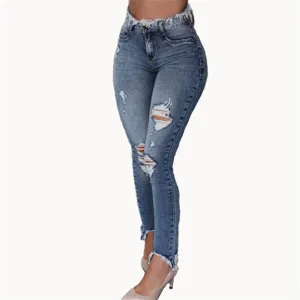 High Waist Raw Hem Skinny Jeans - Slim Fit, Zip Up Fly, Pocket Detail