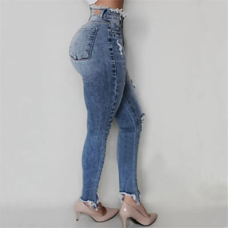 High Waist Raw Hem Skinny Jeans - Slim Fit, Zip Up Fly, Pocket Detail