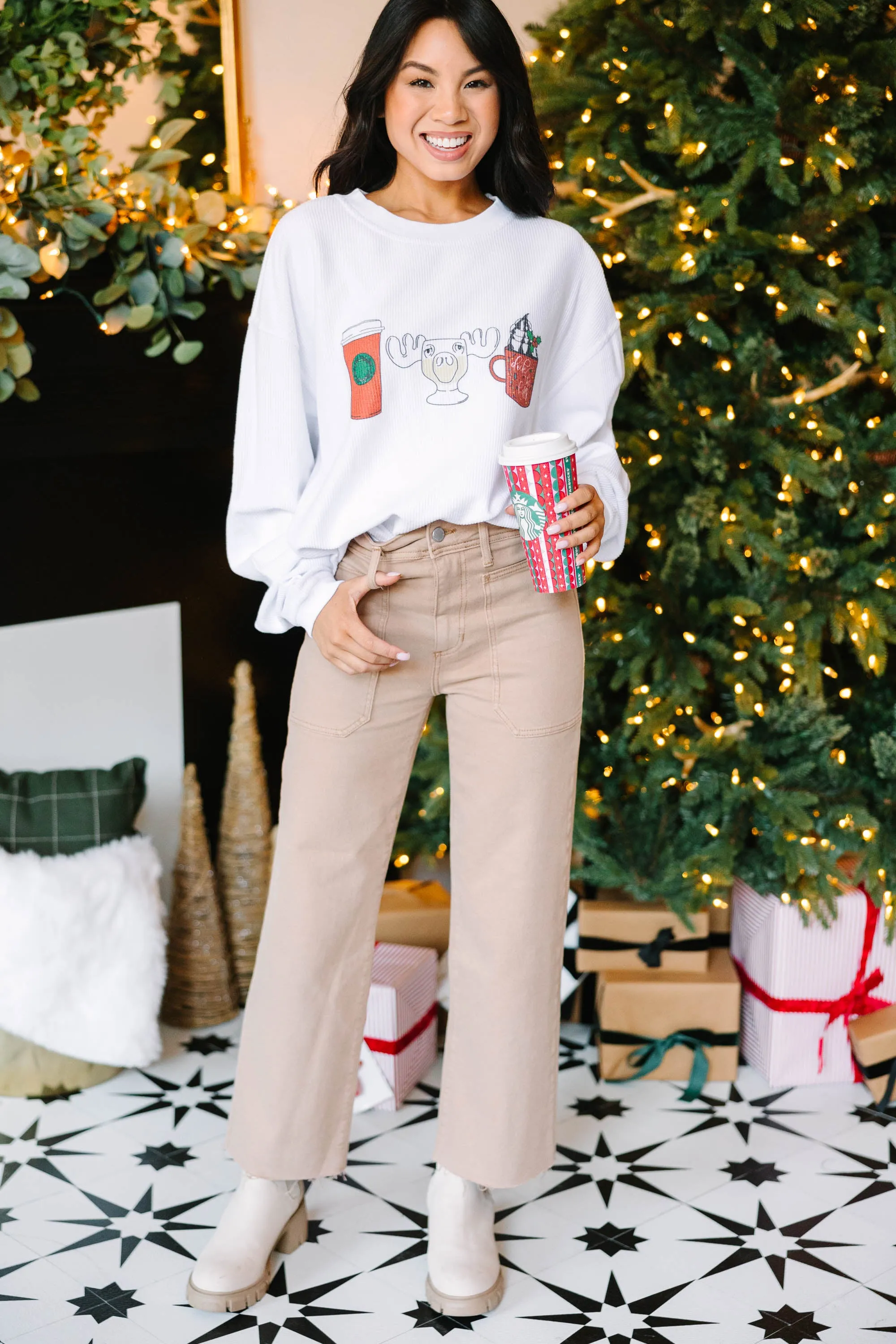 Holiday Cheer White Graphic Corded Sweatshirt