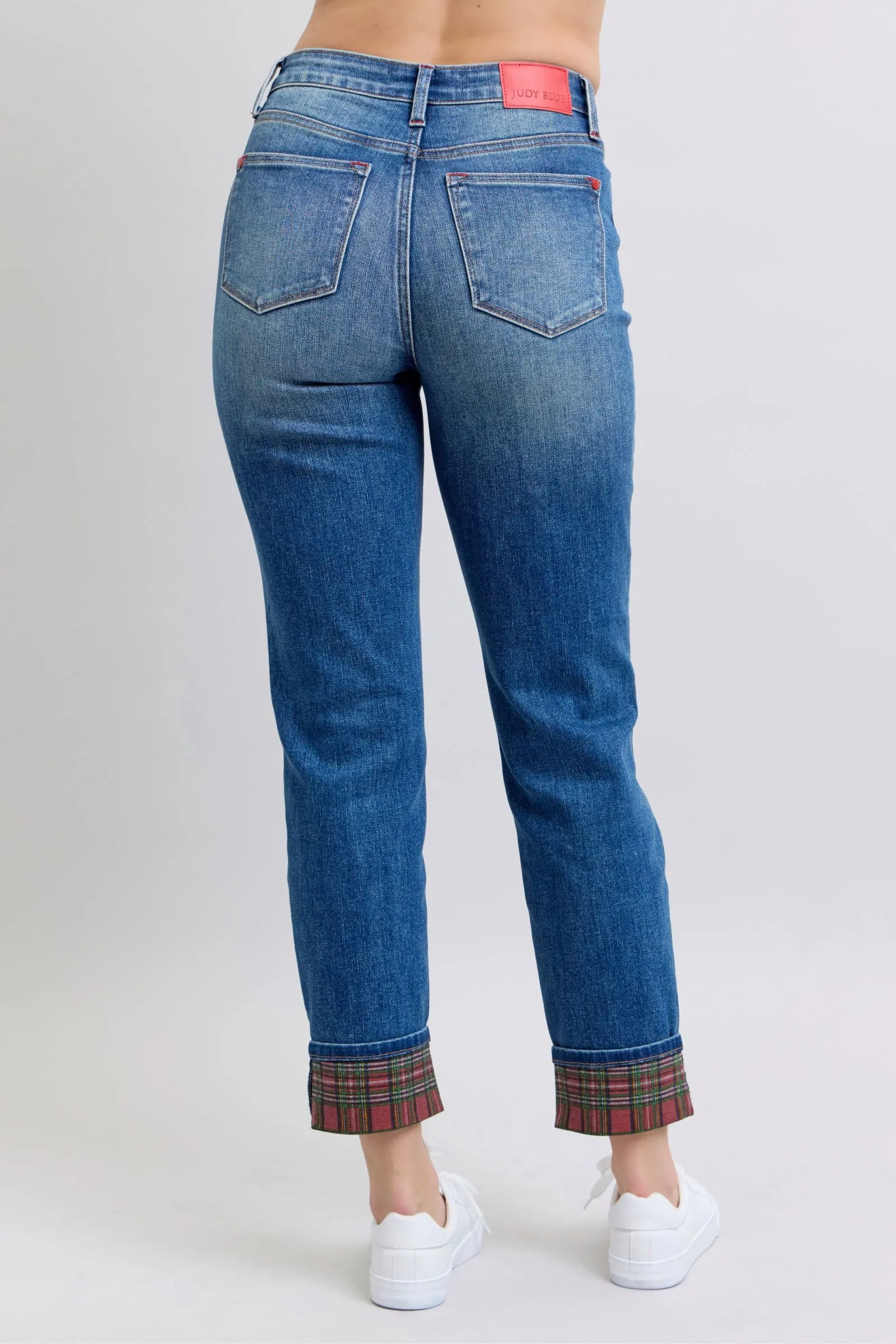 Judy Blue Full Size Mid Rise Straight Leg Jeans with Plaid Cuff