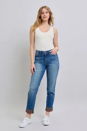 Judy Blue Full Size Mid Rise Straight Leg Jeans with Plaid Cuff