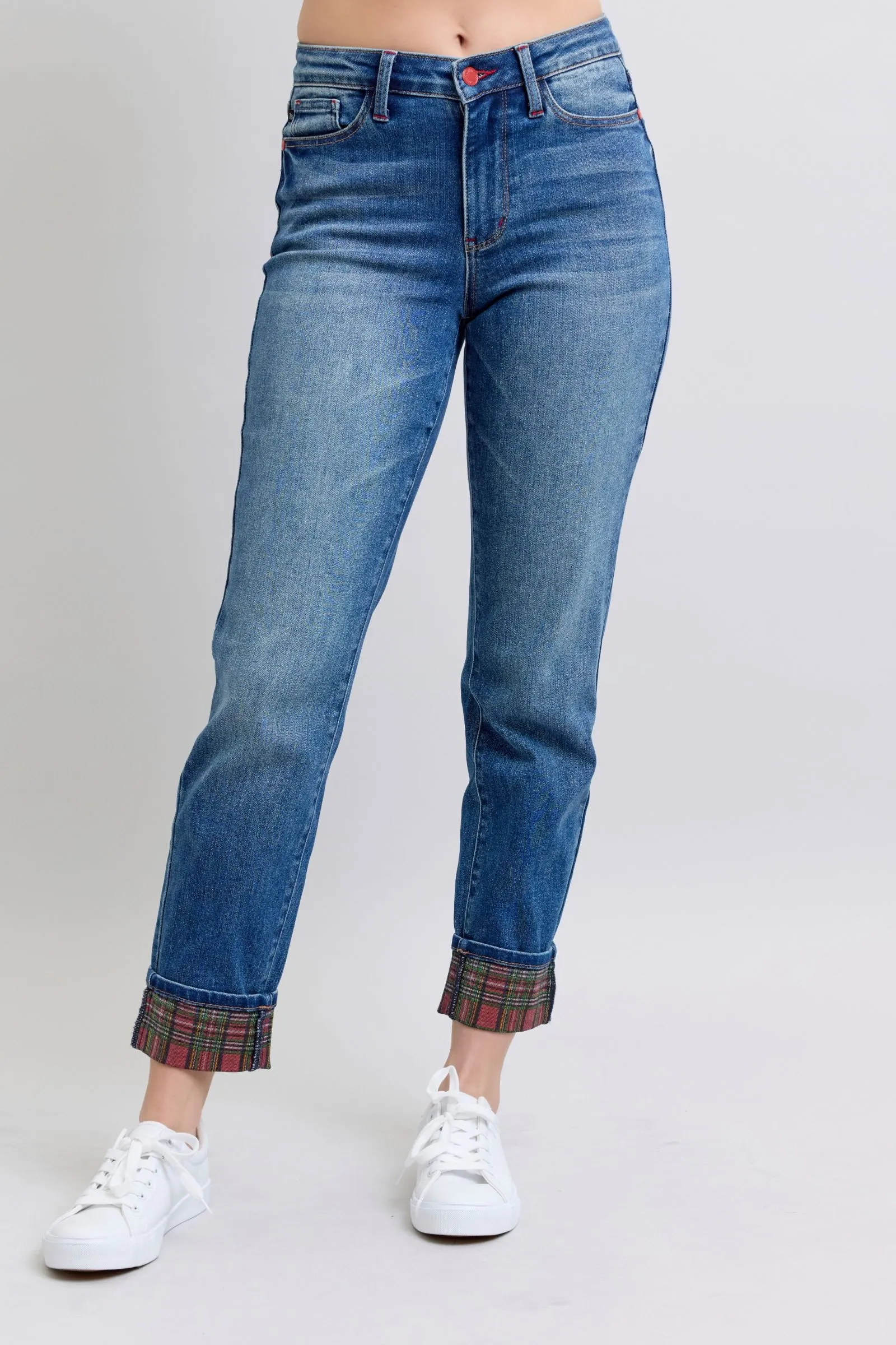 Judy Blue Full Size Mid Rise Straight Leg Jeans with Plaid Cuff