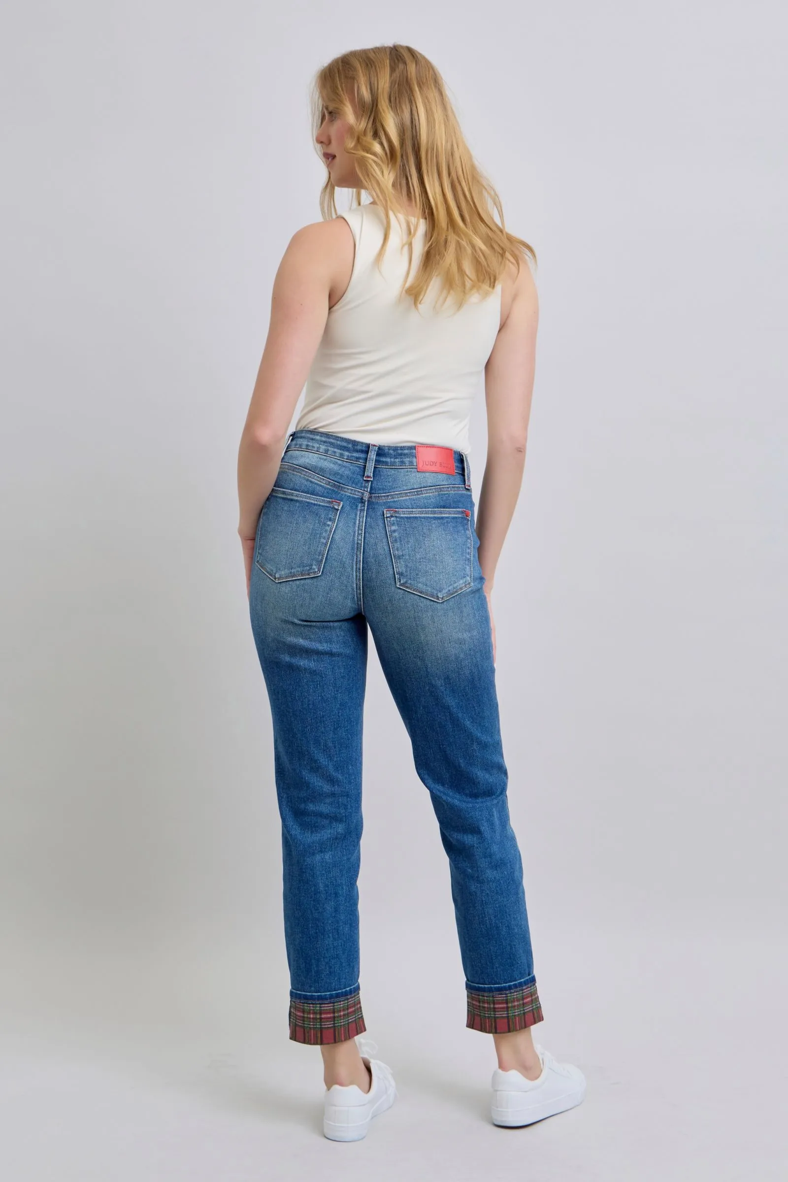 Judy Blue Full Size Mid Rise Straight Leg Jeans with Plaid Cuff